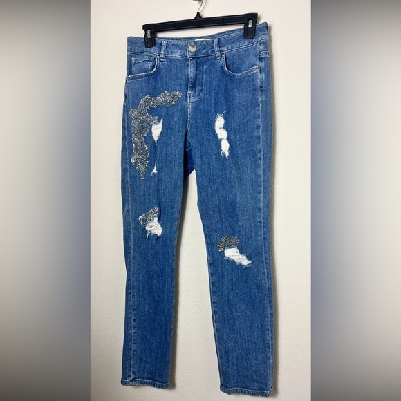 EUC Ted Baker London Mid Wash Yannah Abrasion Embellished Boyfriend Jeans Sz 27 - Picture 2 of 13